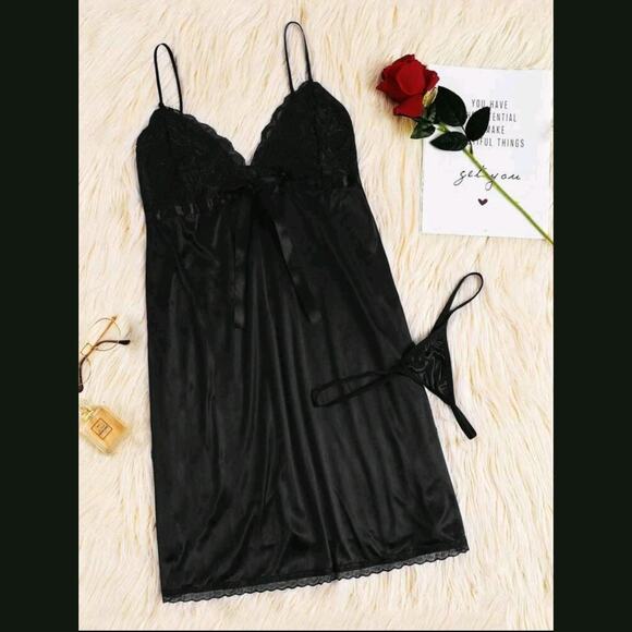 Shein Black Spaghetti Strap Lace Bodice Backless Babydoll Nightgown Sze 16 - Picture 1 of 8